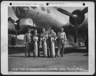 Thumbnail for Ground > Ground Crew Of The 359Th Bomb Squadron, 303Rd Bomb Group, Pose With Three Deadly Bombs.  England, 19 April 1945.  Aircraft No 43-39127.