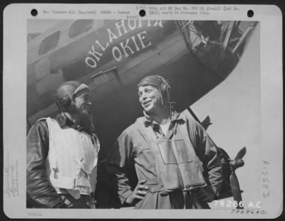 Thumbnail for Gunner > S/Sgt. Edward L. Lawler Of Camden, Arkansas And T/Sgt. William G. Dickson Of Selma, Akr., Both Gunners On The Boeing B-17 "Oklahoma Okie" Pose In Front Of Their Plane At Bassingbourne, England, Just Before Take Off On A Mission.  16 June 1943.