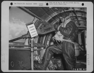 Thumbnail for Gunner > S/Sgt. Luther P. Bonones, Waist Gunner From Catawissa, PA, Is Shown At His Position In His Plane At Bovington, England.  22 July 1943.