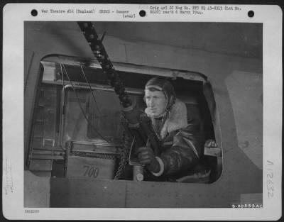 Thumbnail for Gunner > Sgt. James F. Donnelly Of Buffalo, N.Y., Waist Gunner On A Boeing B-17 Based At Molesworth, England, Mans His Gun During A Mission Over Enemy Territory.  6 November 1943.