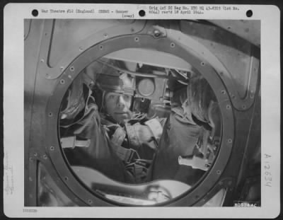 Thumbnail for Gunner > S/Sgt. Norman A. Sampson Of Mason City, Iowa, Ball Turret Gunner On A Boeing B-17 Based At Molesworth, England, Is Shown At His Position During A Mission Over Enemy Territory.