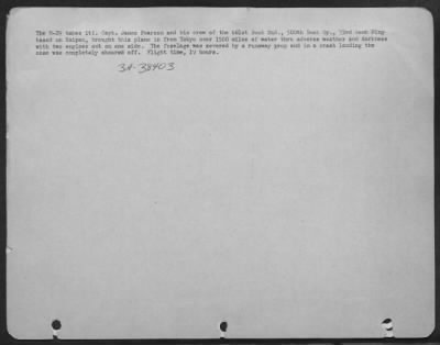 Thumbnail for Consolidated > The B-29 Takes It!  Capt. James Pearson And His Crew Of The 881St Bomb Sqd., 500Th Bomb Gp., 73Rd Bomb Wing Based On Saipan, Brought This Plane In From Tokyo Over 1500 Miles Of Water Thru Adverse Weather And Darkness With Two Engines Out On One Side.  The