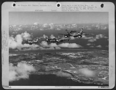 Thumbnail for Consolidated > In Tight Formation Over Saipan, A Republic P-47, Lockheed P-38, And A North American P-51 Show What The Japs Can Expect To See In The Near Future Over Tokyo.  P-47S Helped Take Marianas Bases From Which The P-38S Flew Strafing And Escort Missions To Help