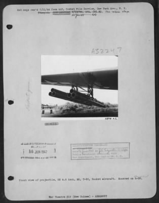 Thumbnail for Consolidated > Front view of projectile, HE 4.5 inch, M8, T-30, Rocket aircraft. Mounted on A-20.