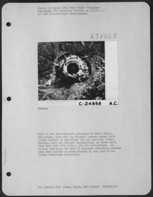 Thumbnail for Consolidated > Most of the anti-aircraft positions in Buna, Papua, New Guinea, have been in exposed, cleared areas, with little attempt to camouflage the gun position itself. Netting, post and foliage combinations, as shown here, have been used with effect, but not