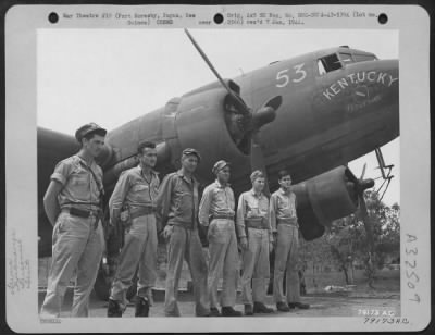 Thumbnail for Consolidated > C-47 transport plane, "Kentucky" and crew from the 6th Troop Carrier Sq., 5th Air Force, Wards Drome, Port Moresby, New Guinea. Left to right, Lt. Conrad Rowland, Ezel, Kentucky, pilot; 2nd Lt. Joseph McWilliams, Prospect, Ky., co-pilot; S/Sgt.