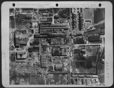 Thumbnail for Consolidated > WIDESPREAD DAMAGE---At the FW 190 aircraft assembly plant at Oschersleben, heavy damage can be seen in this picture taken a few days following the attack by Liberators of the U.S. 8th A.F. on April 11th. Main workshops has 1/3 of the roof destroyed