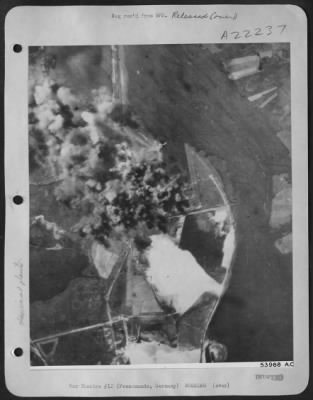 Thumbnail for Consolidated > Bombs burst on two hydrogen plants at the Peenemunde experimental plant on the Baltic Sea, about 60 miles north west of Stettin, during the attack by U.S. 8th AF heavy bombers on 18 July 44. This is reported to be the center for experiments on flying