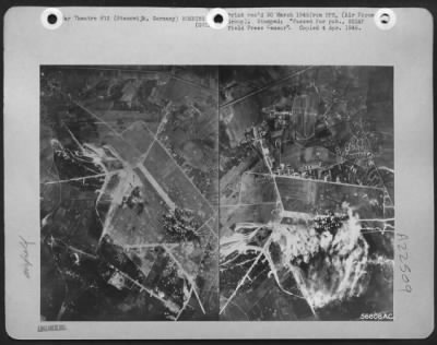 Thumbnail for Consolidated > While troop carriers and transports were dropping parachutists east of the Rhine, 24 March 1945, heavy bombers of the U.S. 8th  AF were pounding jet airbases just behind the German lines. LEFT: First strikes burst on the Steenwijk jet aircraft base.