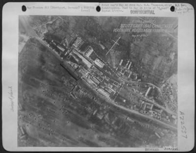 Thumbnail for Consolidated > Stuttgart Bearing Plant after attack by 50 Boeing B-17s dropping 108 tons from 20,800 feet, machine shop (1) buildings behind it were gutted, small shop (2) heat treatment shop (3) damaged.