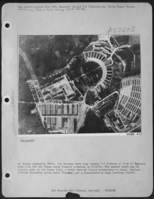 Thumbnail for Consolidated > At Weimer armaments works, the Germans were busy making V-2 rockets to fire at England, when U.S. 8th Air Force heavy bombers attacked on 8/24/44. The rocket plant can be clearly seen at the lower left, a radio factory (below concentration camp),