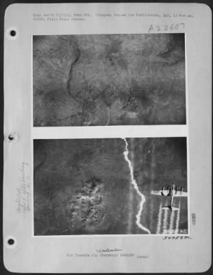 Thumbnail for Consolidated > Before and during the bombing of Wiesbaden airfield, west of Frankfurt, Germany, on November 10, 1944. Bomb bursts cover much of the field and adjoining shops.