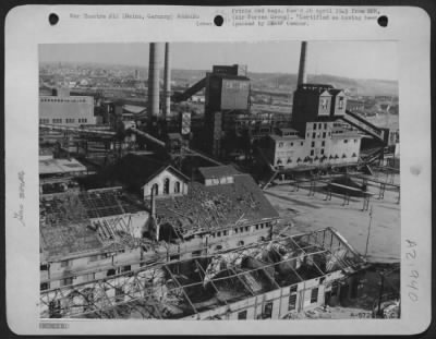 Consolidated > Gas Works, Mainz, Germany -- Blown Roof Tiles Seem To Be The Only Evidence Of Allied Bombing Attacks On The Illuminating Gas Plant At Mainz, Germany, On The Rhine.  This Mainz Area Was Bombed Repeatedly.  Strategic Air War In Germany Turned Out To Be A Ra