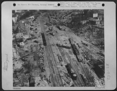 Thumbnail for Consolidated > The Rail Yard At Marburg, Germany Several Times A Target For Medium And Light Bombers Of Major General Samuel E. Anderson'S 9Th Bombardment Div., Presented This Rubble-Strewn Appearance When Us Ground Forces Over-Ran The Area.