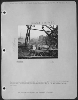 Thumbnail for Consolidated > Various Tanks, Pipelines & Bits Of Equipment, All Twisted And Charred Due To Intense Heat After Air Attack Ignited Gasoline & Oil At The Merkwiller Oil Refinery.