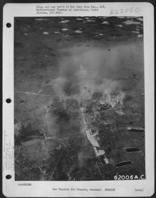 Thumbnail for Consolidated > Bombing Attack On Railroad Yards At Munich, Germany, By Consolidated B-24 Liberators Of The 15Th Af, 4 Oct. 1944.  The Target Is Partially Obscured By Smoke Screen As A Formation Of B-24S Approaches To Drop Its Bombs.