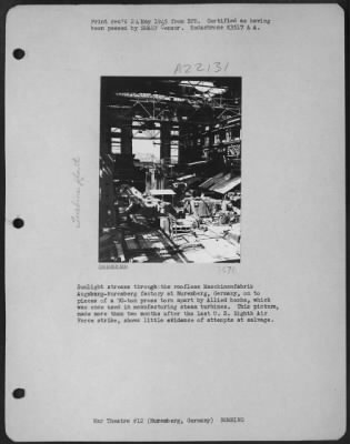 Thumbnail for Consolidated > Sunlight Streams Thru The Roofless Maschinenfabrik Augsburg Nuremberg Factory At Nuremberg, Germany, On To Pieces Of A 70 Ton Press Torn Apart By Allied Bombs, Which Was Once Used In Manufacturing Steam Turbines.  This Picture, Made More Than Two Months A