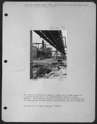 Thumbnail for Consolidated > The Results Of Allied Air Power Is Shown Here In Bomb Damage To A Portion Of The Vast I.G. Farbenindustrie Works At Oppau, Germany.  This Building Housed An Installation For The Manufacture Of Acetylene And Acetone And For The Synthesis Of Hydrocarbon Gas