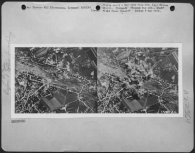 Consolidated > Before And After -- Bombs Strike The Center Of A Marshalling Yard, The Hub Of Four Railroad Spokes, At A Railroad Junction At Rosenheim, Germany, West Of Munich.  Enemy Oppostion To Us 8Th Af Bombers Was Slight With No Flak Being Thrown Up In Defense Of T