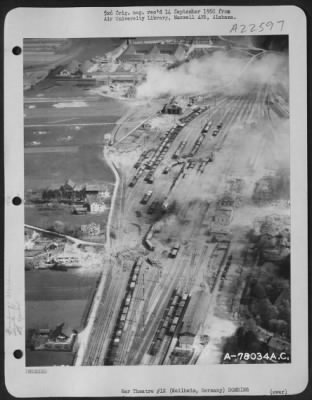 Thumbnail for Consolidated > Bombs Burst On Weilheim Marshalling Yards, Germany During Raid By 14Th Fighter Group.  19 April 1945.