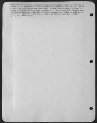 Thumbnail for Consolidated > Enemy fighters on a Weiner Nuestadt attack placed a lucky rocket shot through the rudder of "Old Number 34," a Consolidated B-24 Liberator of the 15th AAF. It was a lucky crew that brought the plane home. Pictured left to right is pilot, Lt. Irving