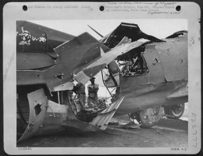 Consolidated > This plane received a direct hit by flak over Debreczen rail yards, Hungary, on Sept 21, 1944. The pilot, 2d Lt. Guy M. Miller, of Lakeside, Calif., and Co-pilot, 2d Lt. Thomas M. Rybovich, West Palm Beach, Fla., were able to bring her back to base.