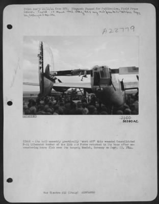 Thumbnail for Consolidated > ITALY-Its tail assembly practically "shot off" this wounded Consolidated B-24 Liberator bomber of the 15th Air Force returned to its base after encountering heavy flak over its target; Munich, Germany on Sept. 23, 1944.