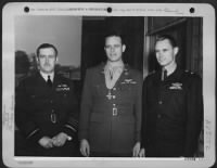 Thumbnail for Air Chief Marshall Sir Leigh-Mallory shown with Col. Elliot Roosevelt and Maj. Gen. Hoyt C. Vandenburg after the award of the CBE (Commander British Empire) to Col Roosevelt for his work with the Photo-reconnaissance Unit in the Mediterranean - Page 1