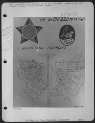 Thumbnail for Consolidated > This placard was signed by all members of the First Brazilian Fighter Squadron and was designed for presentation to Brig. Gen. Benjamin W. Chidlaw, C.G. of the XXII Tactical Air Command, under whom they are serving. The Squadron motto, "Sente Pua,"