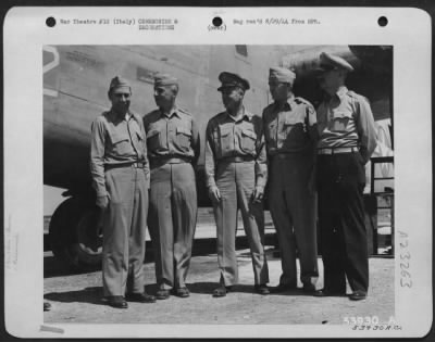 Thumbnail for Consolidated > On tour of the 15th Air Force during a world-wide inspection trip, these general made a short tour of the 376th Liberator Bomb Group in Italy. Left to right are: Maj. General C.L. Bissel, G-2 of the U.S. Ground Forces; Maj. General J.E. Hull, Chief