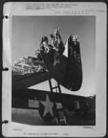 When They'Re Shot Up Its His Job To Get Them Fixed Up So Here Capt. Joseph W. Manske, 164 Commercial St., Gowanda Ny, Engineering Officer With A 12Th Af Billy Mitchell Squadron, Takes Stock Of The Damaged Suffered By This North American B-25 Bomber When A - Page 1