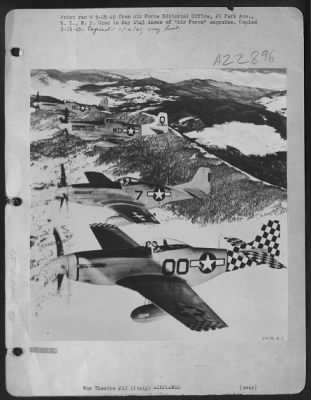 Thumbnail for Consolidated > 4 North American P-51 Mustangs Fighters Of Various Fighter Groups Of The 15Th Af Are Shown In A Practice Formation Over The Alps.  P-51S Escort Heavy Bombers Of The 15Th Aaf Deep Into Enemy'S Dwindling Fighter Production.  31St, 52Nd, 332Nd & 325Th Fg.