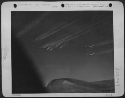 Thumbnail for Consolidated > Boeing B-17 Flying Fortresses Of The 15Th Af Leave A Pattern Of Vapor Trails Behind Them As They Head For The Oil Refineries At Brux, Czechoslavakia, In A Continued And Successful Effort To Destroy The Hun'S Oil Supply.  Italy.