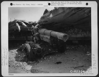 Thumbnail for Consolidated > Bomb damage to gun in the Ostiense Railroad Yards on the outskirts of Rome, Italy.