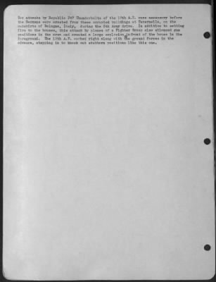 Consolidated > Two attacks by Republic P47 Thunderbolts of the 12th A.F. were necessary before the Germans were wrested from these occupied buildings at Tavernelle, on the outskirts of Bologna, Italy, during the 5th Army drive. In addition to setting fire to the