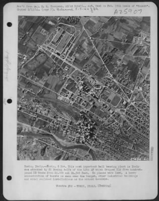 Thumbnail for Consolidated > Turin, Italy.--Turin, 8 Nov. This most important ball bearing plant in Italy was attacked by 81 Boeing B-17s of the 15th AF which dropped 732 five hundred-pound HE bombs from 22,000 and 24,500 feet. No planes were lost. A heavy concentration