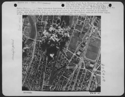 Thumbnail for Consolidated > Turin, Italy--1 Dec. Production facilities of the Fiat plant which escaped on 8 Nov. were hit this time by 354 tons of 500 and 1,000 pound bombs by 118 Boeing B-17s escorted by 38 Lockheed P-38s. Many bursts can be seen in the target (outlined) and