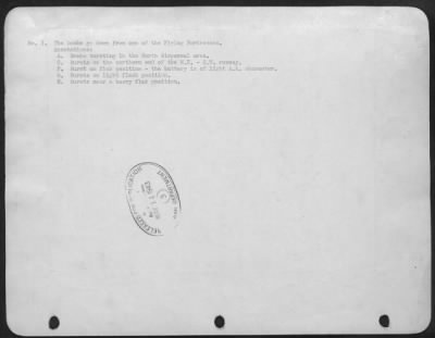 Thumbnail for Abbeville > No. 1 The bombs go down from one of the Flying Fortresses. Annotations: A. Bombs bursting in the North dispersal area. C. Bursts on the northern end of the N.E.-S.W. runway. F. Burst on flak position-the battery is of light A.A. character. G. Bursts