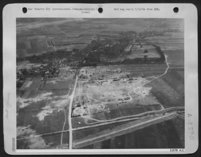 Thumbnail for Arromanches > Boeing B-17 Flying Fortresses which dropped 500-pound bombs left this crater-marked beach area at Arromanches, France on the Normandy invasion coast. Coastal gun sites and an observation post, all under construction along with the beach ahead of