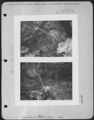 Thumbnail for Caen > Here before and after strike attack photos of Martin B-26 Marauders of the 9th Air Force whose mission was to destroy a bridge West of Caen, back of German front lines may be seen as being very successful. Pinpoint precision bombing like this keeps