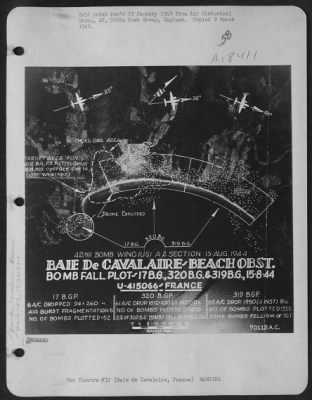 Thumbnail for Baie Decavalaire > Annotated Photo Shows Bomb Fall Plot On Target Area During Raid On Baie De Cavailaire, France.  Planes Of The 42Nd Bomb Wing - 17Th Bomb Group, 320Th Bomb Group And The 319Th Bomb Group Participated In The Mission Flown On 15 August 1944.