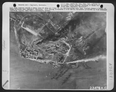 Thumbnail for Consolidated > U.S. Army bomber struck a heavy blow at Axis Air Power in the Mediteranean when they blasted planes & bldgs. At Elmas Airdrome near Cagliari, Sardinia. B-17 Flying Fortresses & B-26 Martin Marauders protected by P-38 Lockheed Lightning