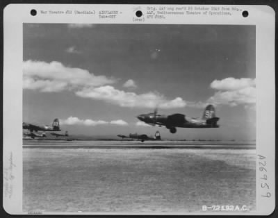 Thumbnail for Consolidated > Six Martin B-26 "Marauders", Of The Mediterranean Theatre'S Oldest Medium Bomb Group, Take Off In Unison From Their Base In Sardinia.  Believed The First Such Attempt By "Marauders", The Six-Plane Take-Off Saved Five Minutes From The Time For "Joinups" An