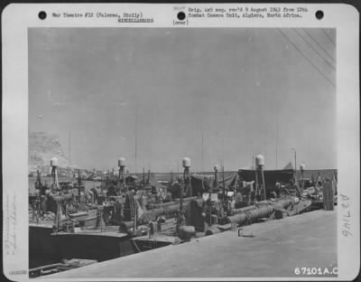 Thumbnail for Consolidated > A row of American sub-chasers are tied up in the harbor at Palermo, Sicily. July 1943.