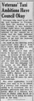 Thumbnail for Veterans' Taxi Ambitions have council okay Marie Bruce-Claude Bruce's sister-  aug 23 1945 Torrance Herald-1.png