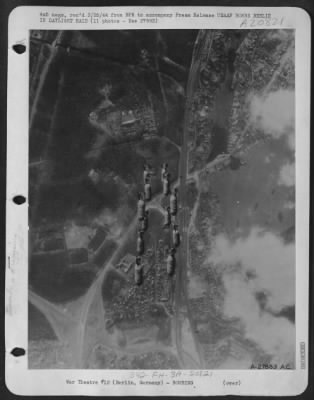 Thumbnail for Consolidated > For the second time in three days, American bombs fall on the outlying factory area southwest of Berlin, as Liberators and Flying Fortresses of the U.S. Army 8th Air Force blast targets there.