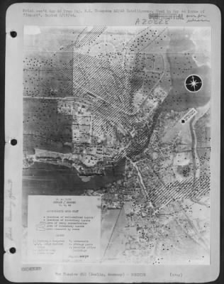 Thumbnail for Consolidated > Erkner Plant is one of two ball bearing works in Berlin, Germany. Bomb plot shows results of 8 March 44 attack, with hits scored on packing and shipping department (1) machine shops (2,3,4,5), power house (6). Waterworks (7), storage yards (8) and