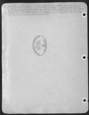 Thumbnail for Consolidated > Erkner Plant is one of two ball bearing works in Berlin, Germany. Bomb plot shows results of 8 March 44 attack, with hits scored on packing and shipping department (1) machine shops (2,3,4,5), power house (6). Waterworks (7), storage yards (8) and