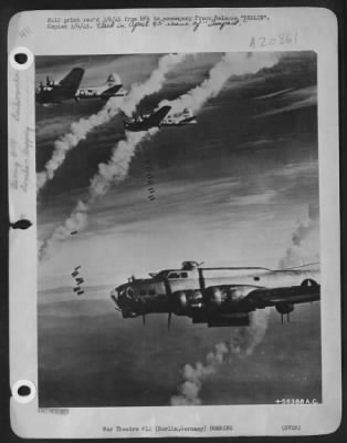 Thumbnail for Consolidated > BERLIN--During air attack on Berlin, B-17 Flying Fortresses of the U.S. Army 8th Air Force reach the smoke markers over the target and release a cascade of bombs in unison.