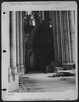 Thumbnail for Consolidated > Exterior view of bomb shelter on main floor of the Cologne Cathedral in Germany which housed the church workers during heavy Allied Air assaults on nearby railroad station. Concussion rather than direct hits were the cause of any damage to structure